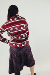 vintage long sleeve button up blouse maroon with white striped print collar back