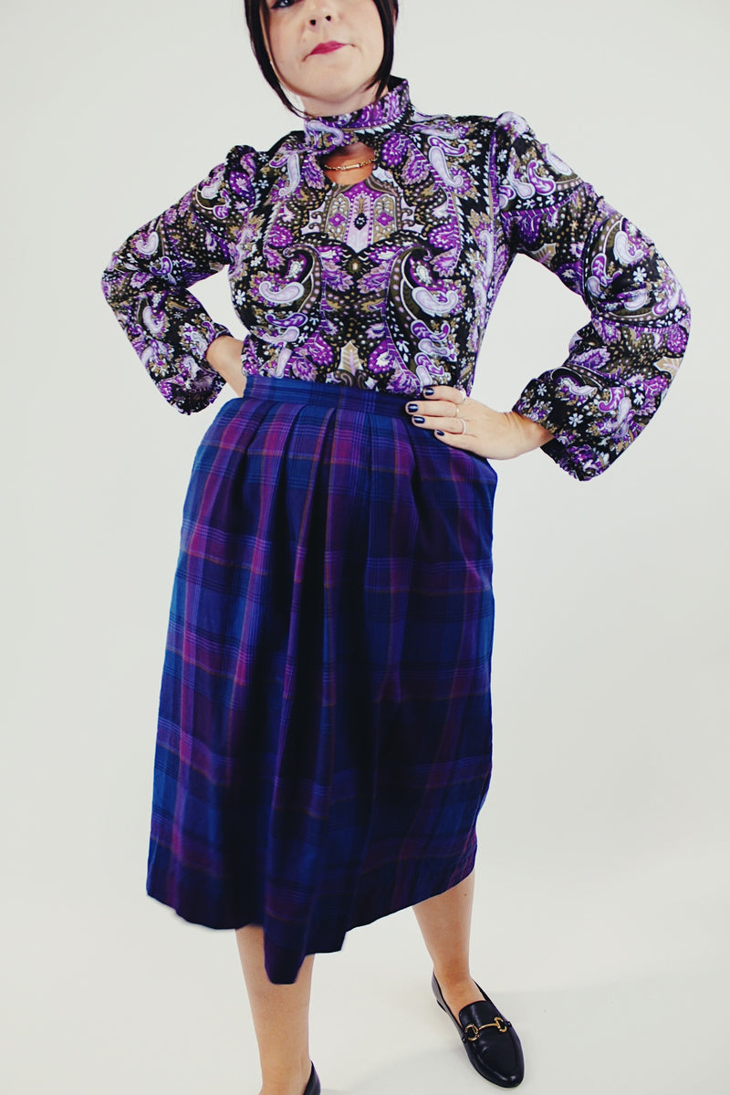 vintage purple and blue plaid wool Pendleton midi skirt front