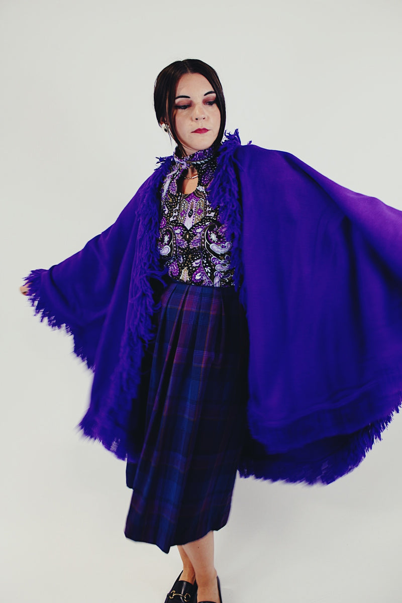 vintage large fringed purple shawl front