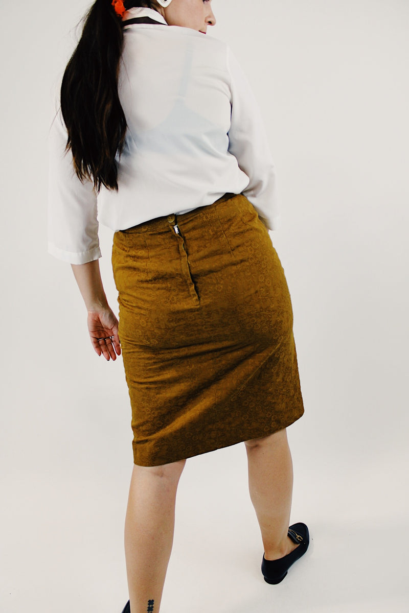 Vintage brown high waist midi skirt with floral embroidery back