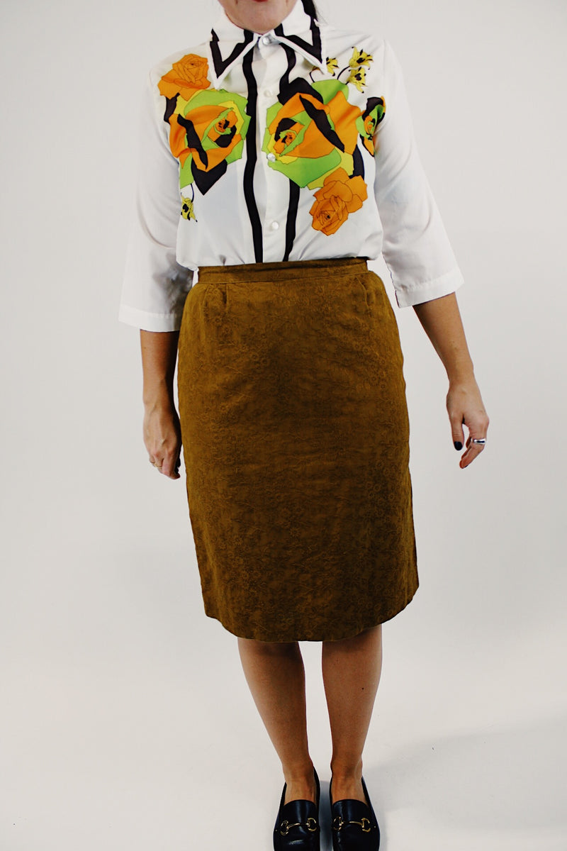 Vintage brown high waist midi skirt with floral embroidery front