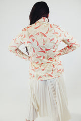 vintage long sleeve button up blouse cream collar with tan and orange pattern pointy collar back