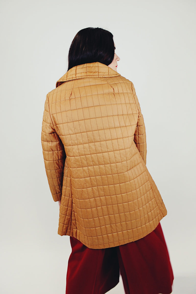 women's brown quilted puffer jacket double lapel front pockets hits above the knee back
