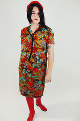 vintage brown jacket and skirt set with red and mint green floral print short sleeves and midi length skirt front
