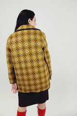 mustard yellow diamond printed wool pea coat women's vintage front 