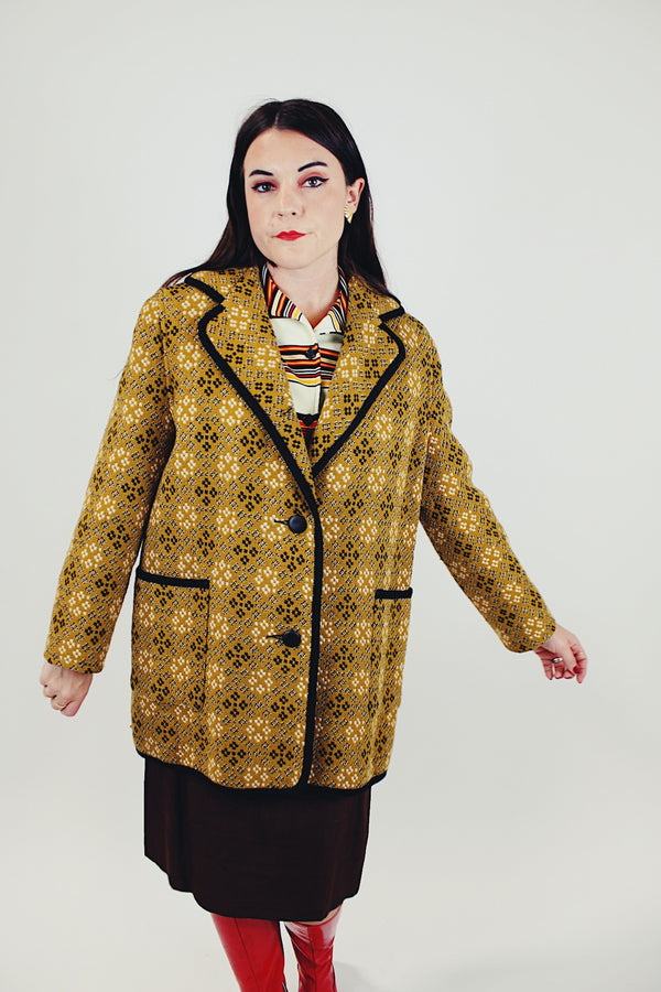 mustard yellow diamond printed wool pea coat women's vintage front 