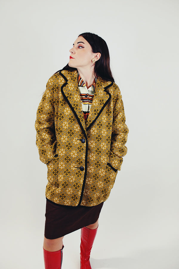 mustard yellow diamond printed wool pea coat women's vintage front 