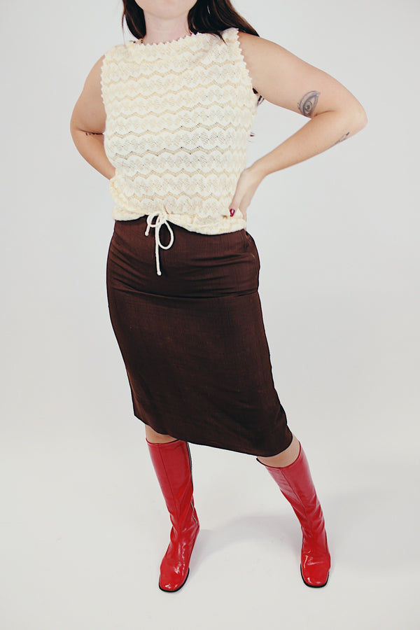 chocolate brown high waist midi skirt vintage women's 