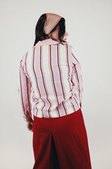 long sleeve vintage women's button up blouse with pink black and yellow stripes back