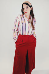 long sleeve vintage women's button up blouse with pink black and yellow stripes front