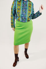 lime green women's vintage form fitting midi skirt wool front