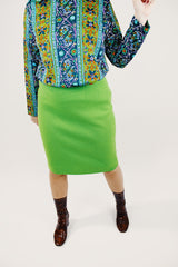 lime green women's vintage form fitting midi skirt wool front