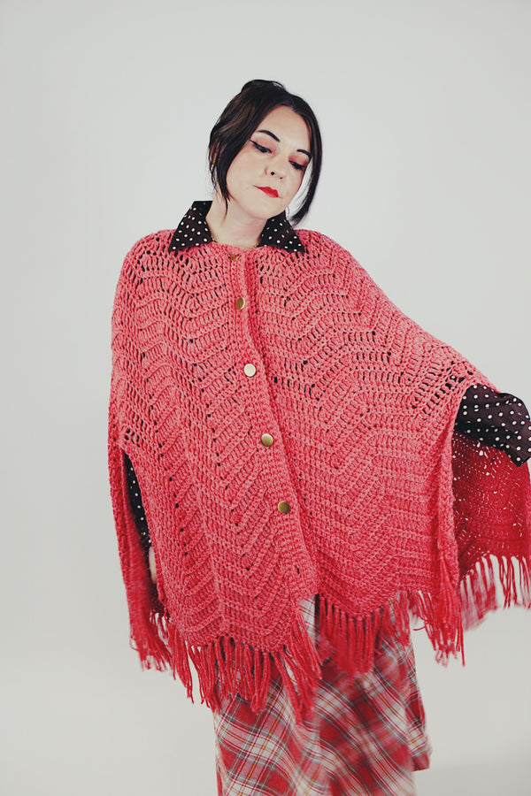 women' vintage crochet red poncho with fringe hem front
