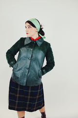 women's vintage dark green leather and suede button up jacket with collar front
