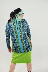 vintage women's green paisley printed long sleeve mock neck blouse zipper in back