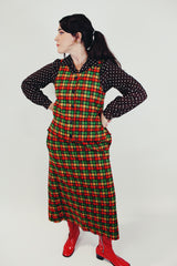women's vintage red green and yellow checkered set with button up vest and long skirt
