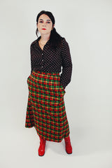women's vintage red green and yellow checkered set with button up vest and long skirt