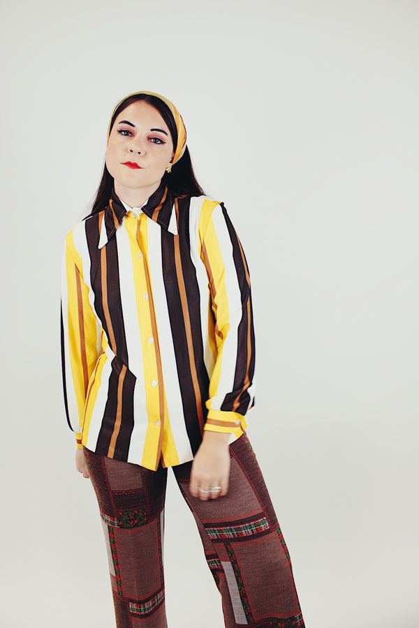  women's vintage yellow and brown striped button up blouse with collar front