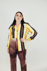 women's vintage yellow and brown striped button up blouse with collar front