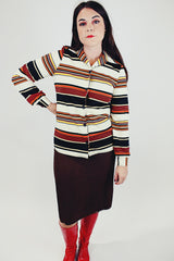 women's vintage striped button up blouse with collar red white yellow black stripes
