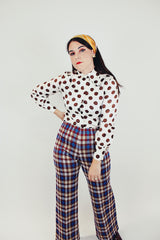 women's vintage longe sleeve button up blouse with pointy collar white with big brown polka dots