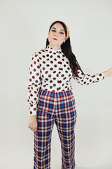 women's vintage longe sleeve button up blouse with pointy collar white with big brown polka dots