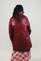 maroon long sleeve long leather jacket women's vintage collar and pockets back