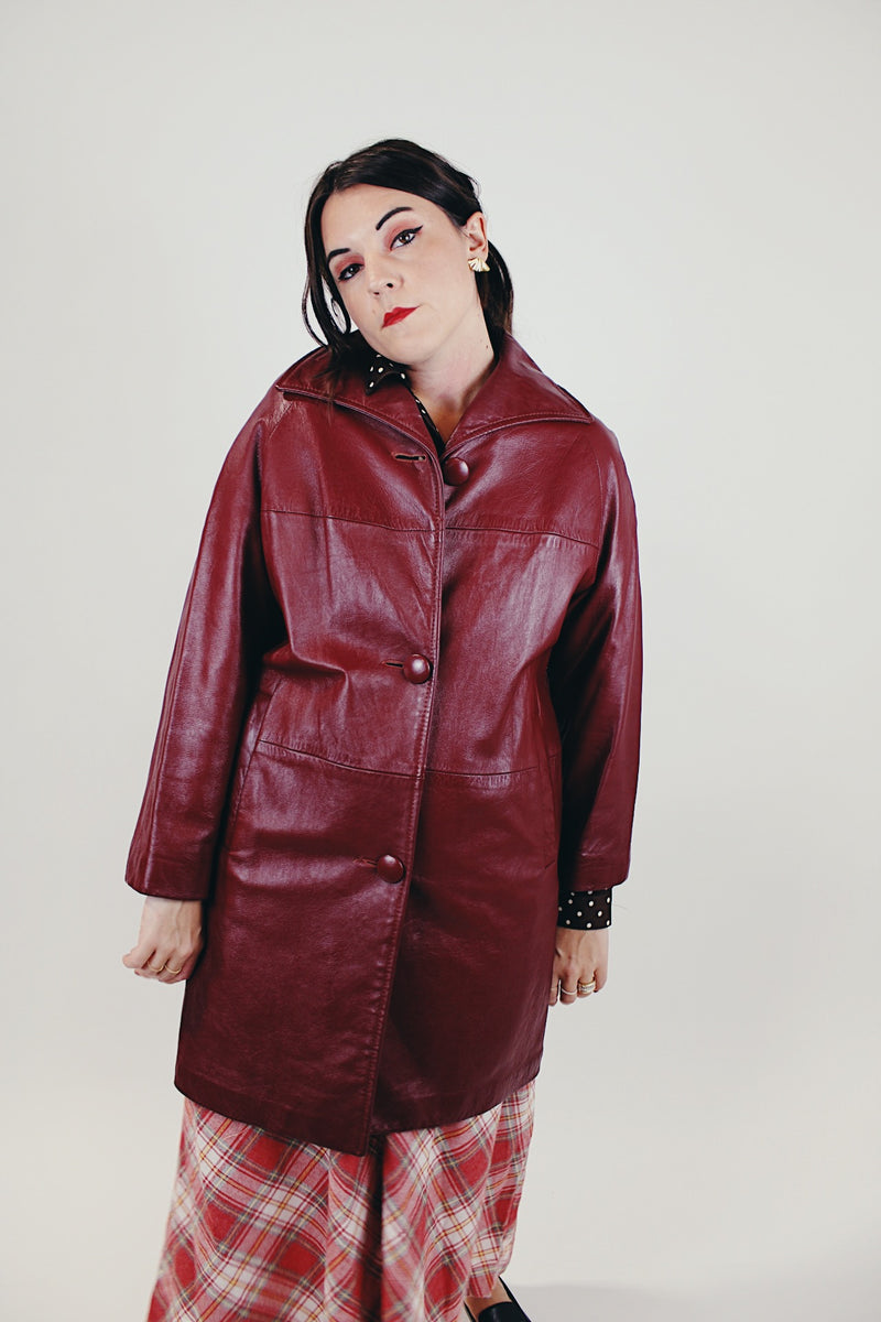 maroon long sleeve long leather jacket women's vintage collar and pockets front