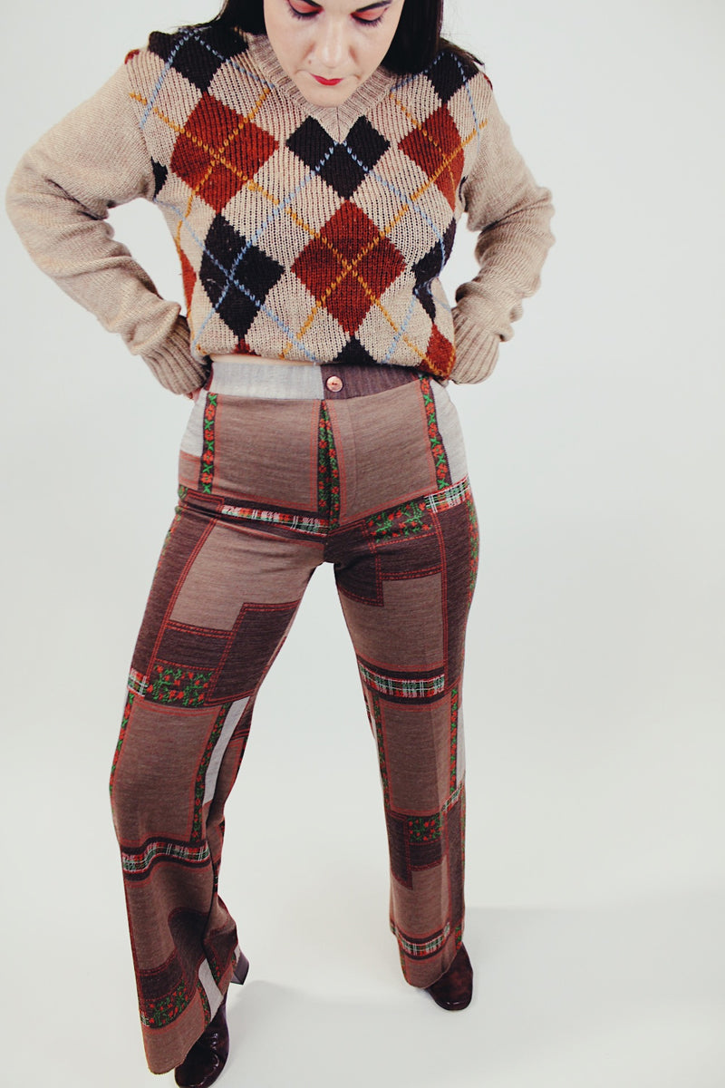 brown printed women's vintage pants flair elastic waist front