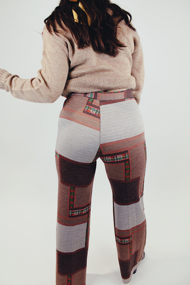 brown printed women's vintage pants flair elastic waist back
