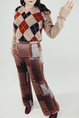 brown printed women's vintage pants flair elastic waist side