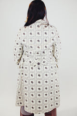 women's vintage white puffy pea coat with brown embroidered pineapple print back