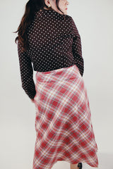 vintage women's pink plaid wool long skirt with side zipper back