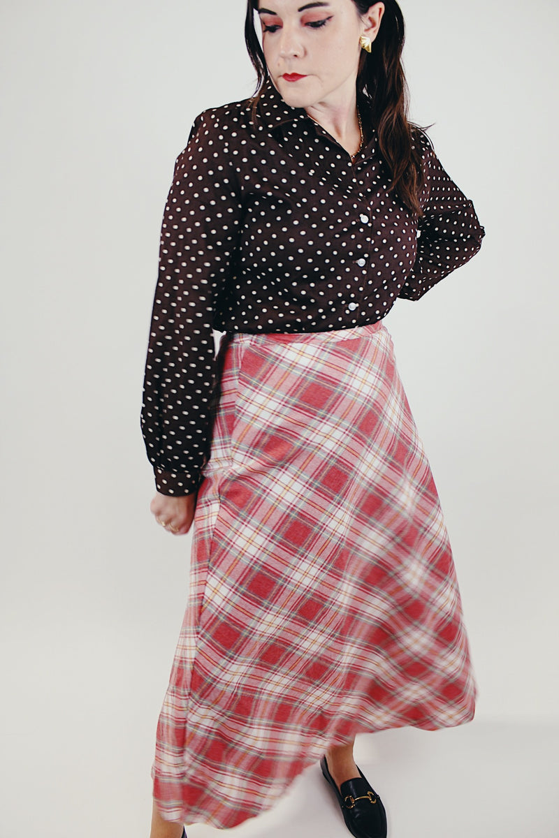 vintage women's pink plaid wool long skirt with side zipper 