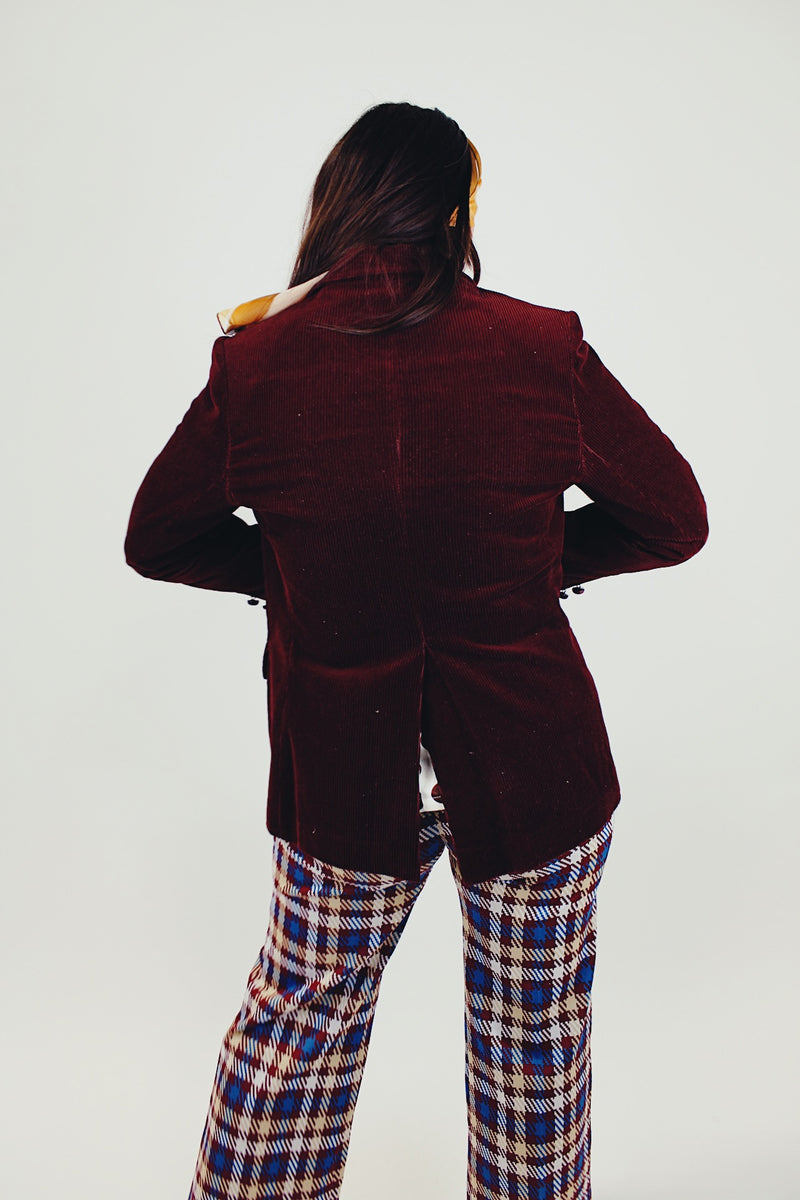 women's vintage maroon corduroy blazer with two button closure back