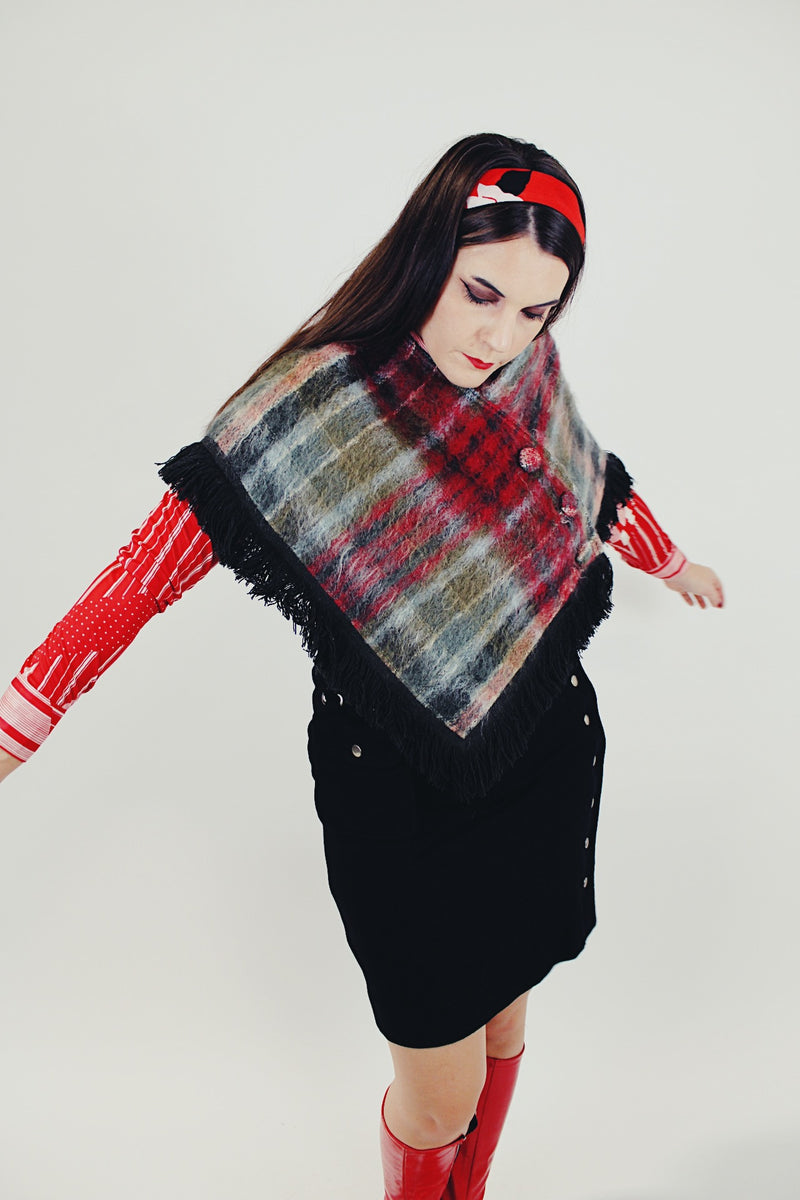 women's vintage green and red mohair shawl poncho with side buttons and fringe around the edges