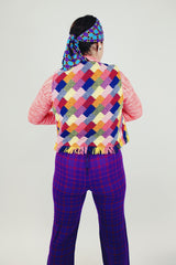 women's vintage multicolored vest with one button closure and fringed hem back