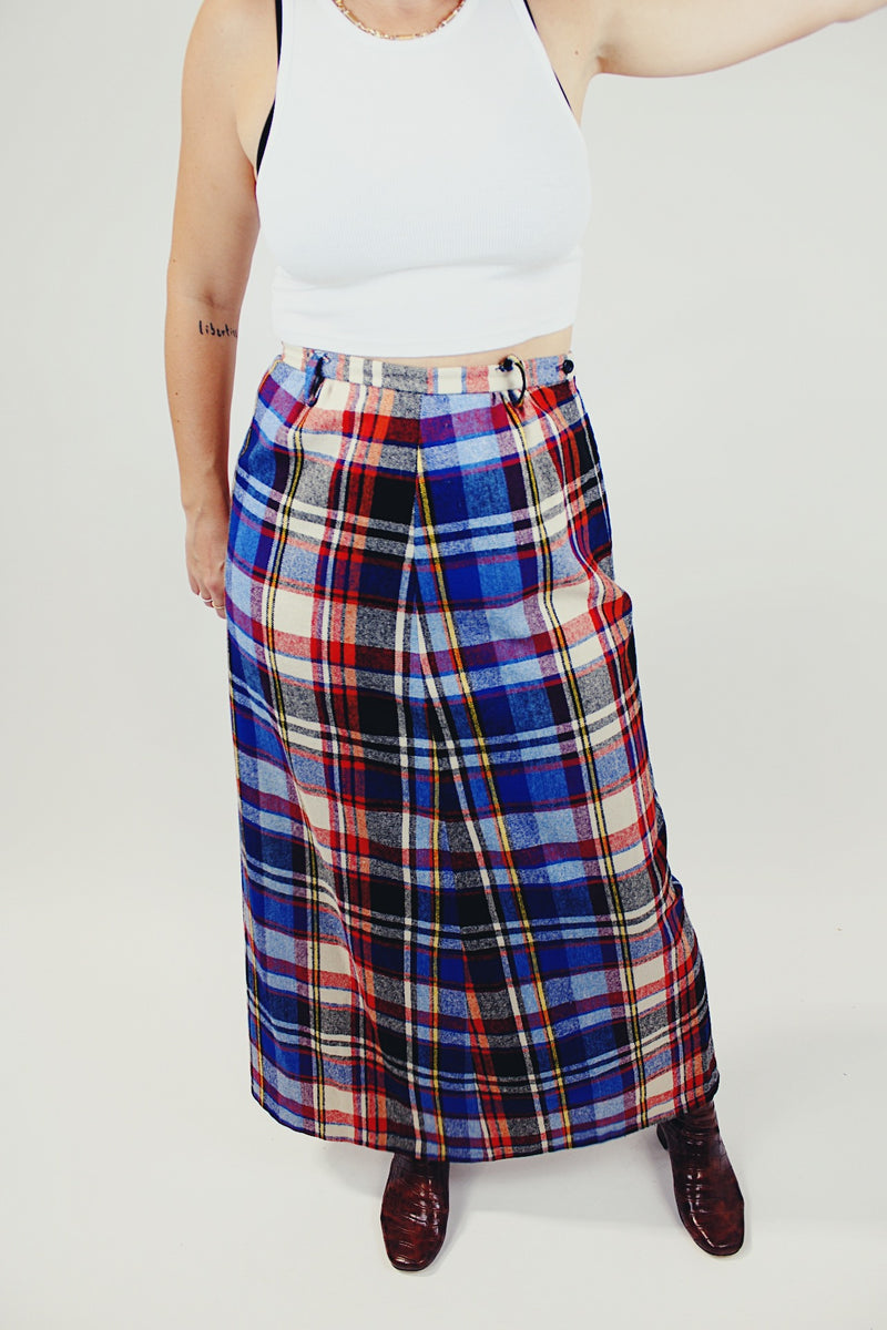 women's vintage blue red black and white striped plaid wool maxi skirt front