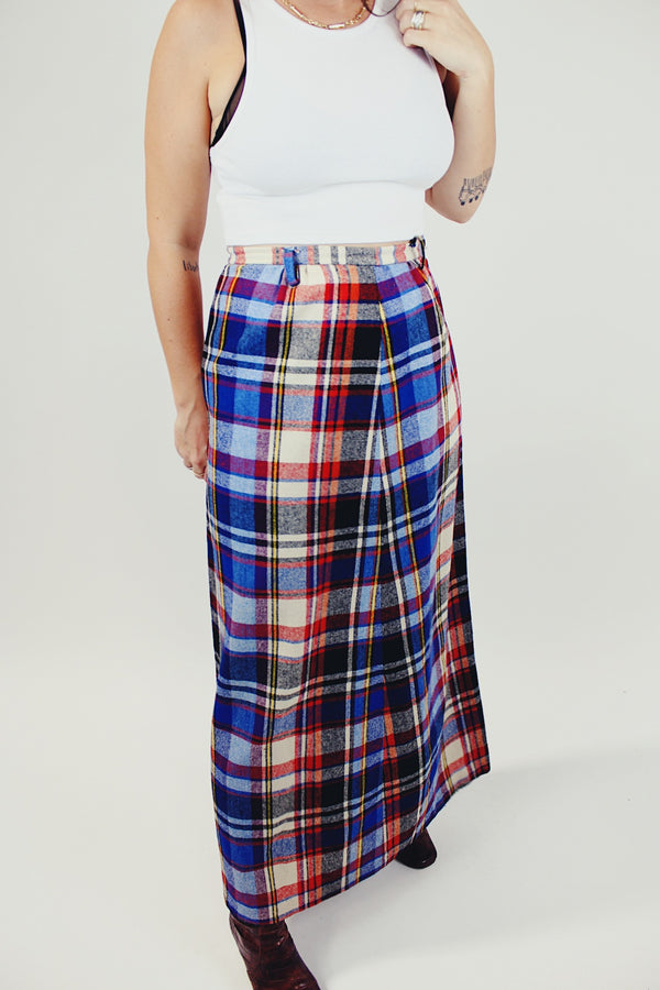 women's vintage blue red black and white striped plaid wool maxi skirt side