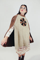 women's vintage two tone brown suede poncho with popper closure and suede flower on the front side