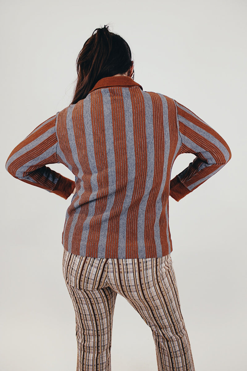 women's vintage wool long sleeve sweater cardigan grey and brown stripes back