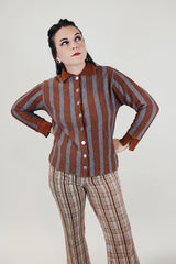 women's vintage wool long sleeve sweater cardigan grey and brown stripes front