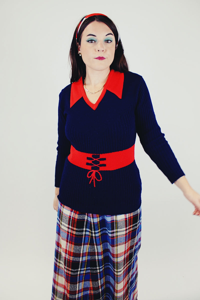 women's vintage long sleeve pullover sweater navy with red faux collar and belt that's knitted into the sweater
