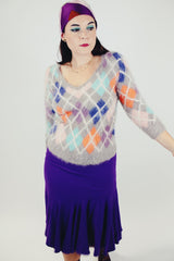 women's vintage angora wool pullover sweater grey with multi colored argyle print