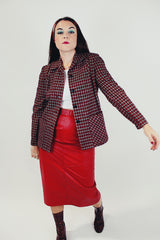 women's vintage wool jacket button up red white and black checkered pattern
