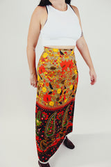 floral and paisley print women's vintage maxi skirt, brown red and yellow colors