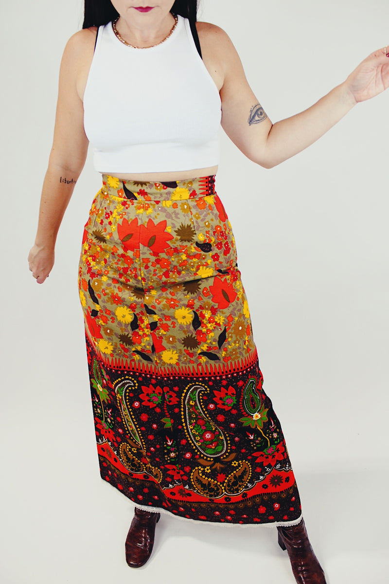 floral and paisley print women's vintage maxi skirt, brown red and yellow colors