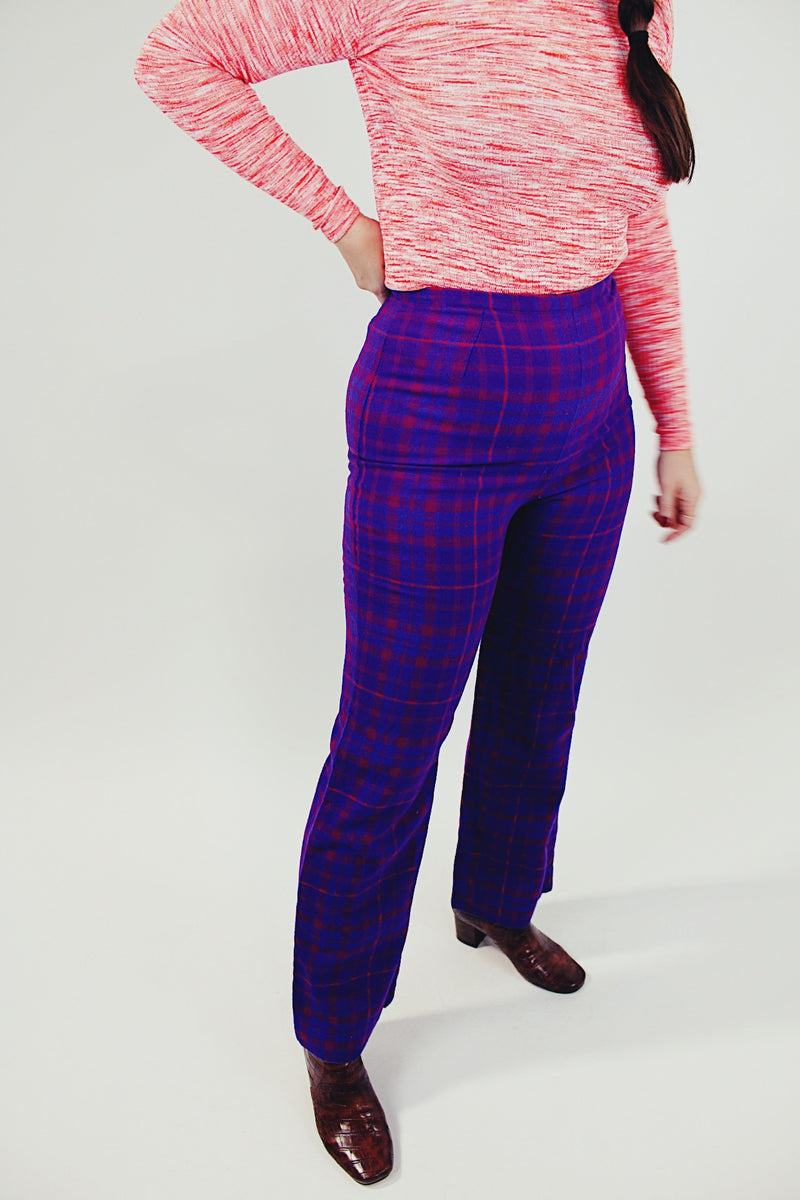 purple plaid printed wool women's vintage high waist pants side