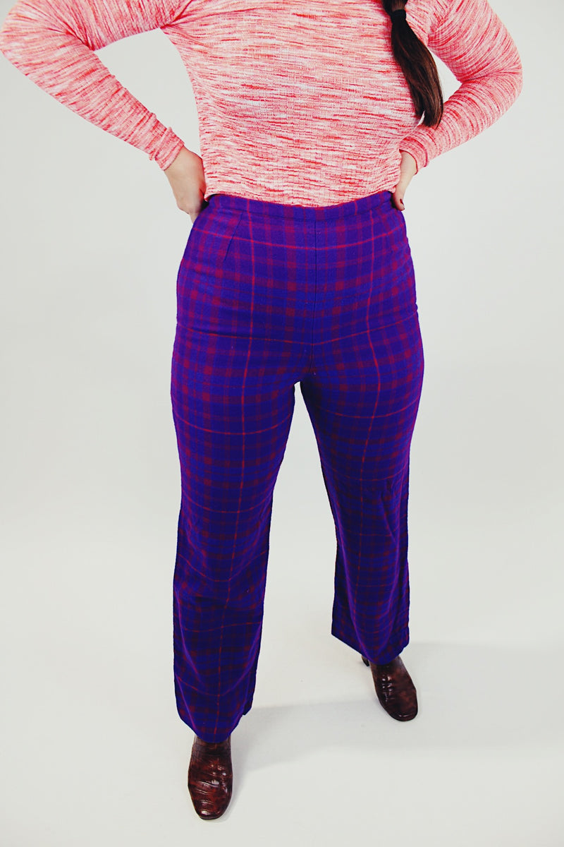 purple plaid printed wool women's vintage high waist pants front