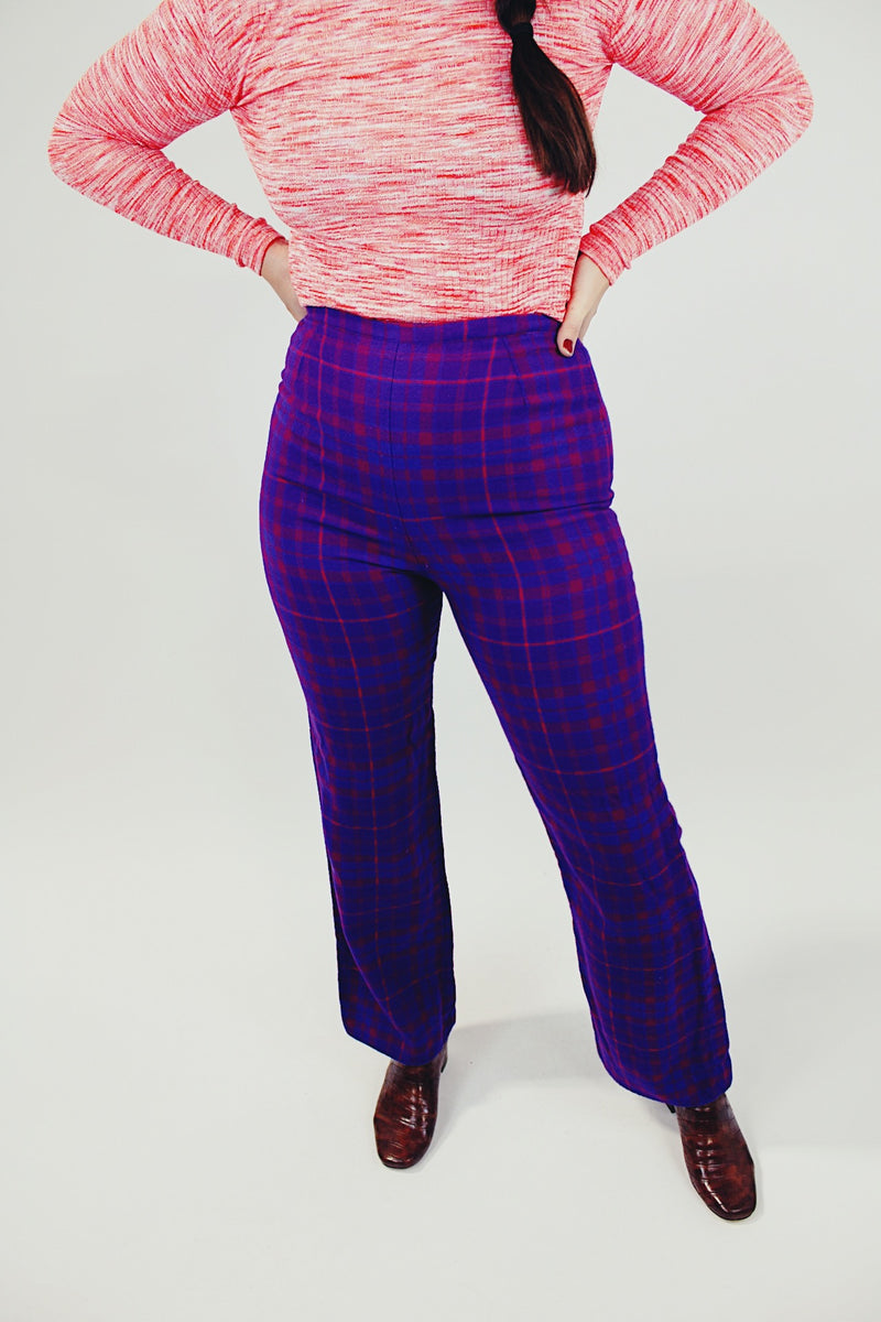 purple plaid printed wool women's vintage high waist pants front